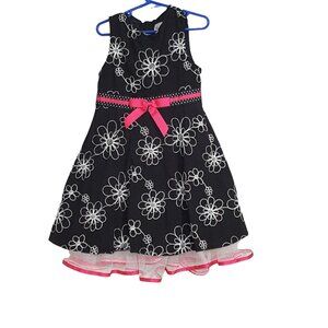 Girls Size 6 Dress Sleeveless Black Embroidered Floral Pink Bow Tulle Trim